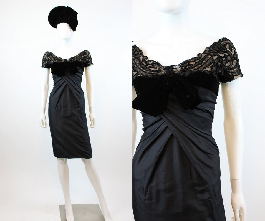 1950s couture SILK and LACE wiggle folded dress xxs | new fall winter