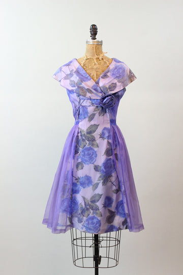 1950s BLUE ROSE PRINT organza dress medium | new spring summer