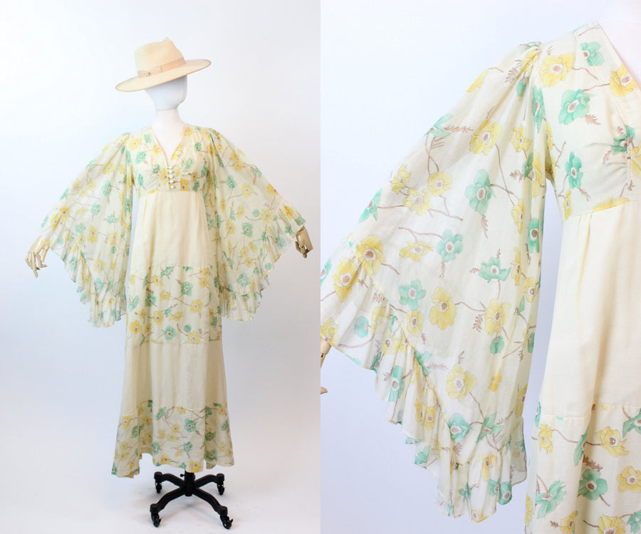 1970s DOGWOOD print DRIPPY sleeves maxi dress xs | new spring summer