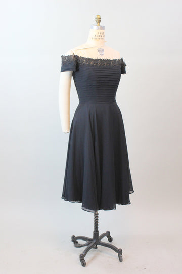 1950s SILK CHIFFON off shoulder dress medium | new spring summer