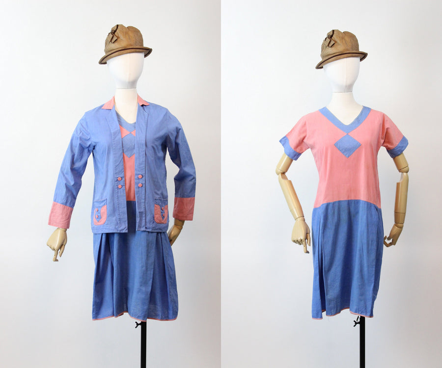 1920s rare COTTON CHORE dress and jacket small | new spring summer