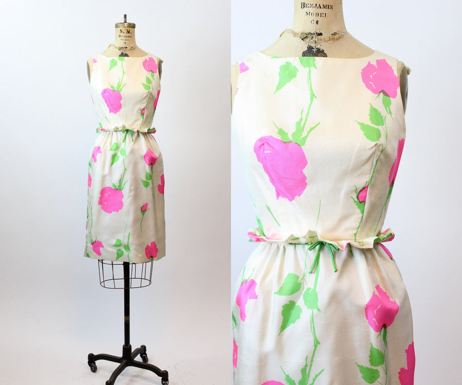 1960s PINK ROSE SILK ruffled waist dress xs | new spring summer