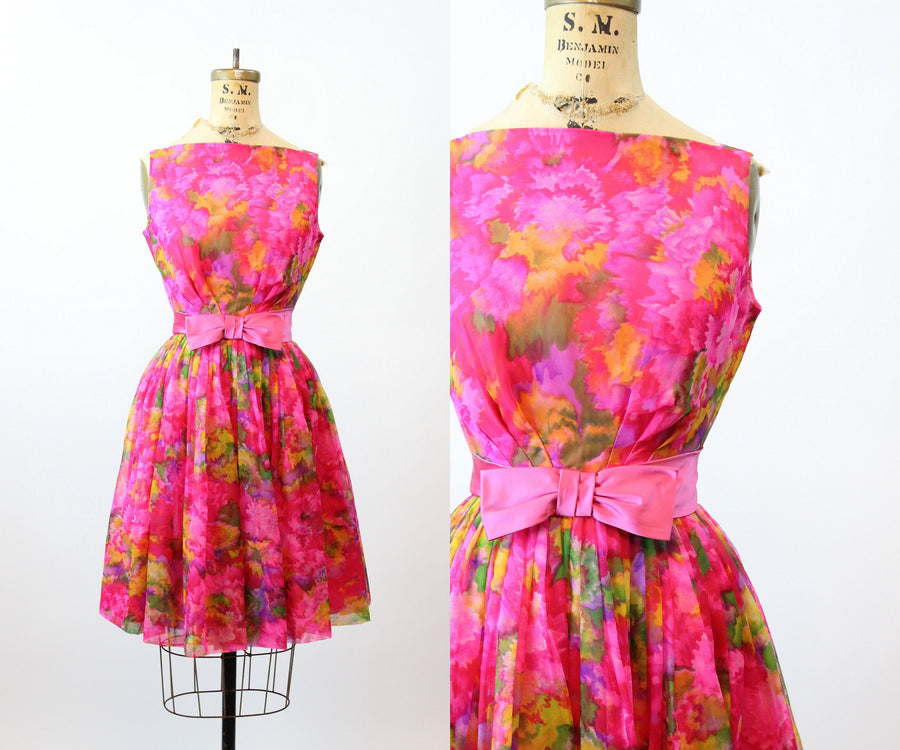 1960s BOLD floral CHIFFON silk BOW dress xs | new spring summer