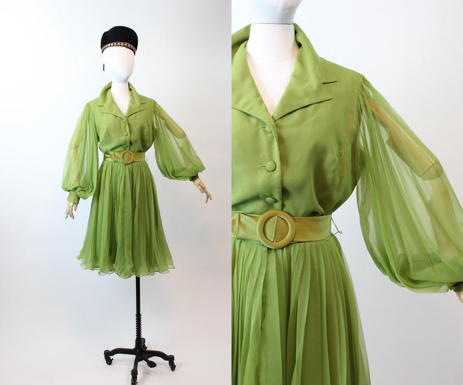 1960s MISS ELLIETTE olive balloon sleeves dress medium | new fall winter