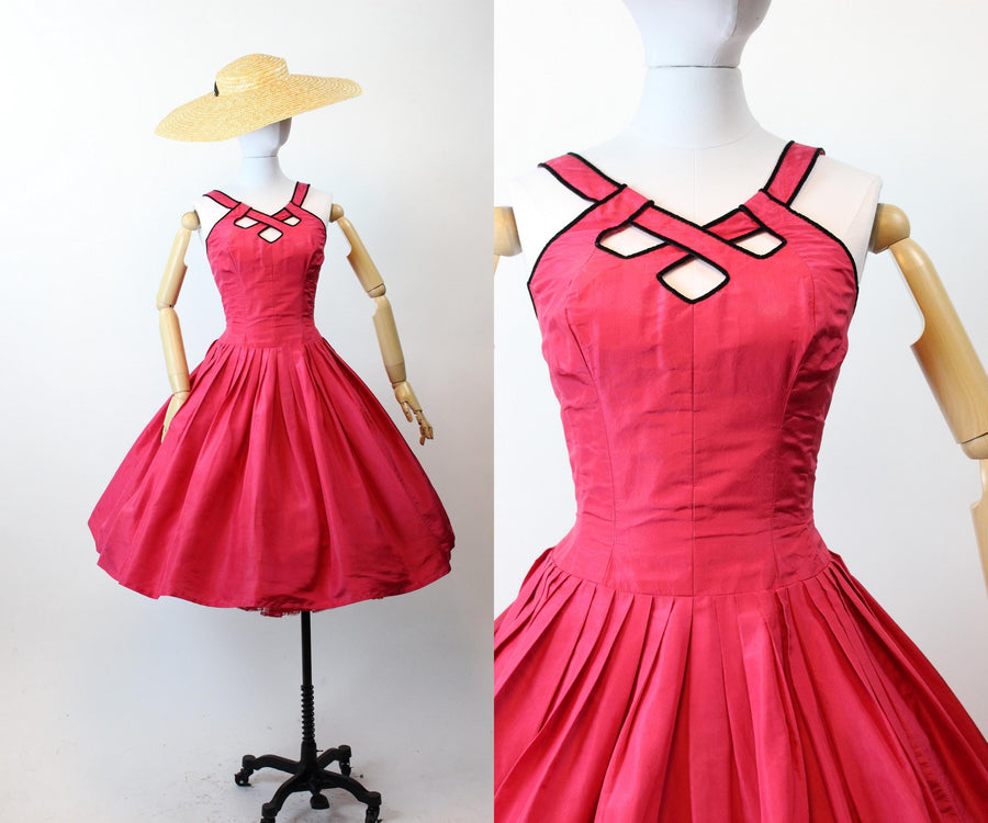 1950s 1957 CAGE NECKLINE documented silk Suzy Perette dress small | new fall winter