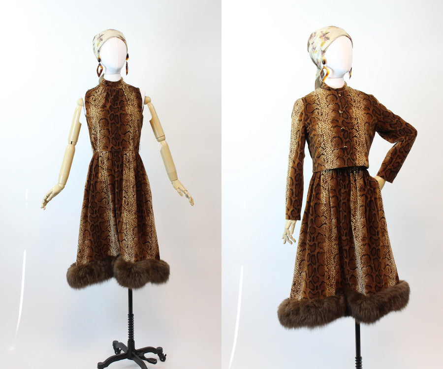 1960s LISA MERIL fur SNAKESKIN print dress and jacket small | new fall winter