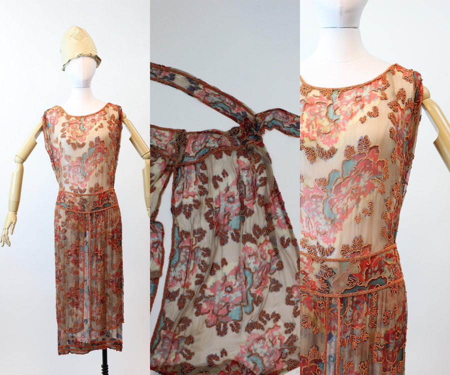 1920s AUTUMN BEADED silk print TABARD dress | new fall winter