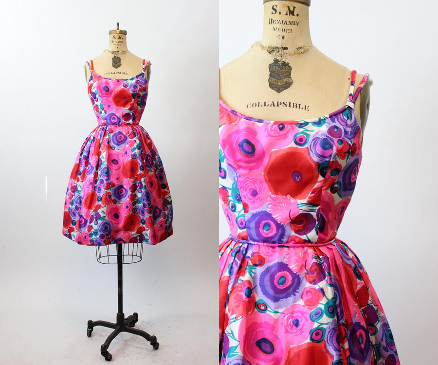 1950s LOW BACK full skirt FLORAL dress xs | new fall winter