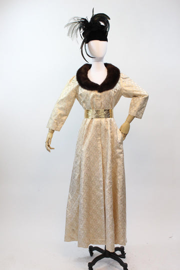 1960s I MAGNIN GOLD metallic MINK gown dress robe | new fall winter