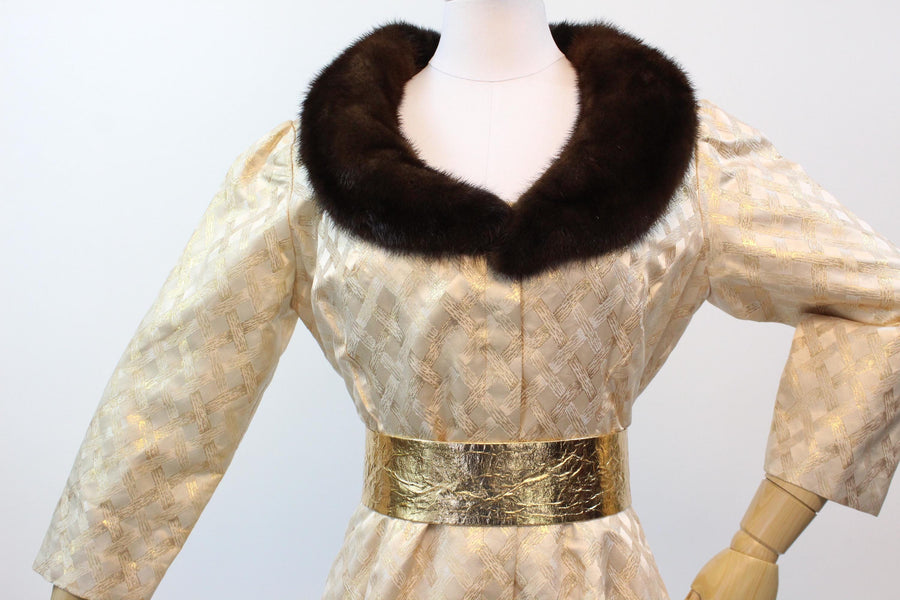 1960s I MAGNIN GOLD metallic MINK gown dress robe | new fall winter