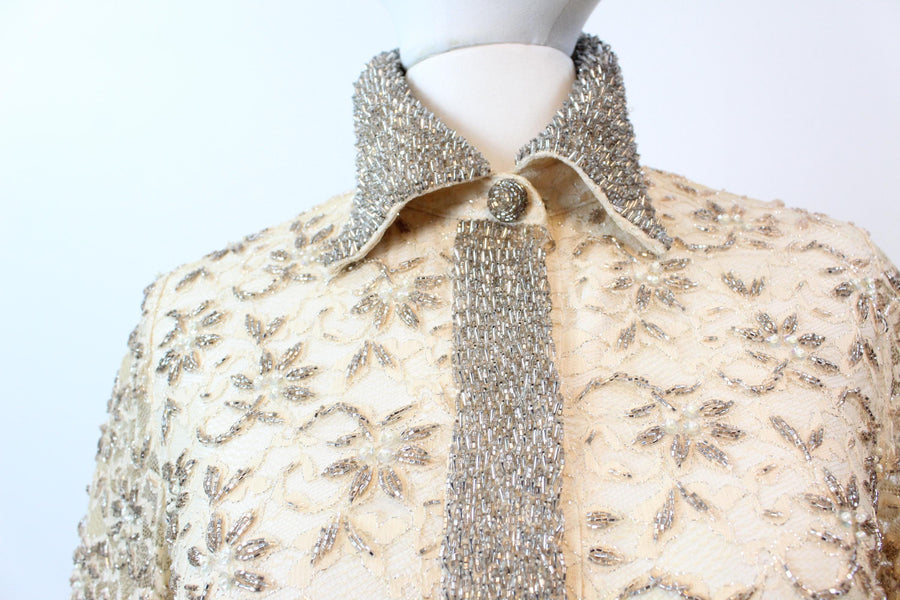 1960s VALENTINA beaded PEARL LACE shift dress xs | new fall winter