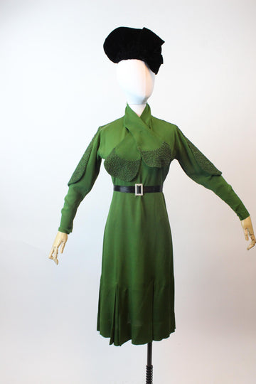 1930s RICH green RAYON soutache scarf dress medium | new fall winter