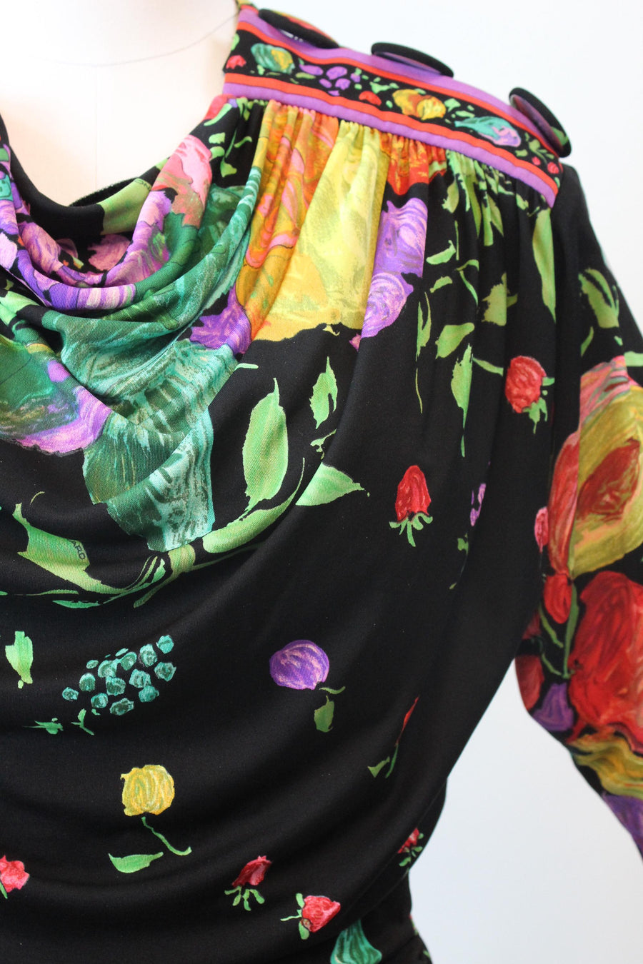 1980s LEONARD OF PARIS fruit flowers silk jersey dress small | new fall winter