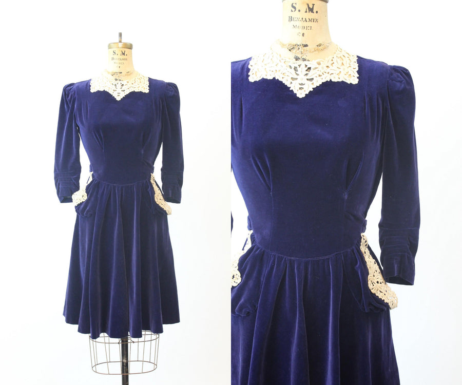 1940s NEW YORK CREATION blue velvet silk dress xs | new fall winter