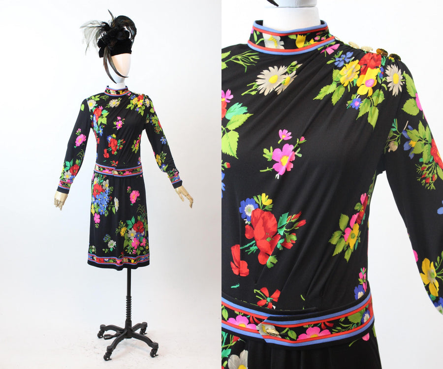 1980s LEONARD OF PARIS floral silk jersey dress small medium | new fall winter