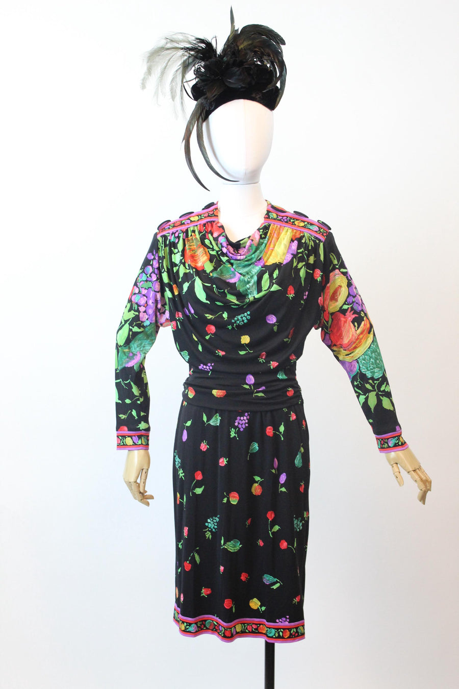 1980s LEONARD OF PARIS fruit flowers silk jersey dress small | new fall winter