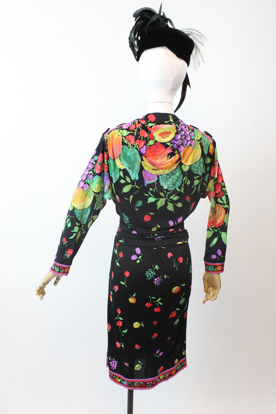 1980s LEONARD OF PARIS fruit flowers silk jersey dress small | new fall winter