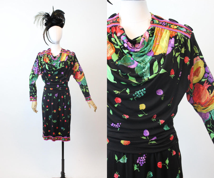 1980s LEONARD OF PARIS fruit flowers silk jersey dress small | new fall winter