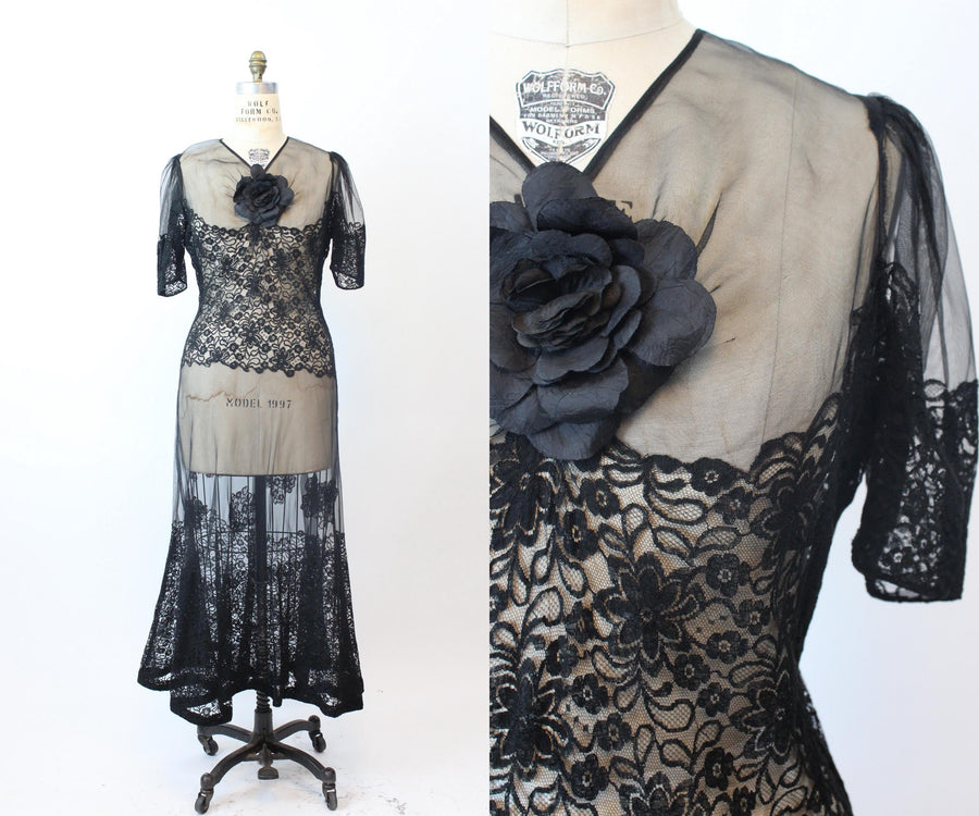 1930s 1940s SHEER lace ORGANZA gown dress large volup | new fall winter