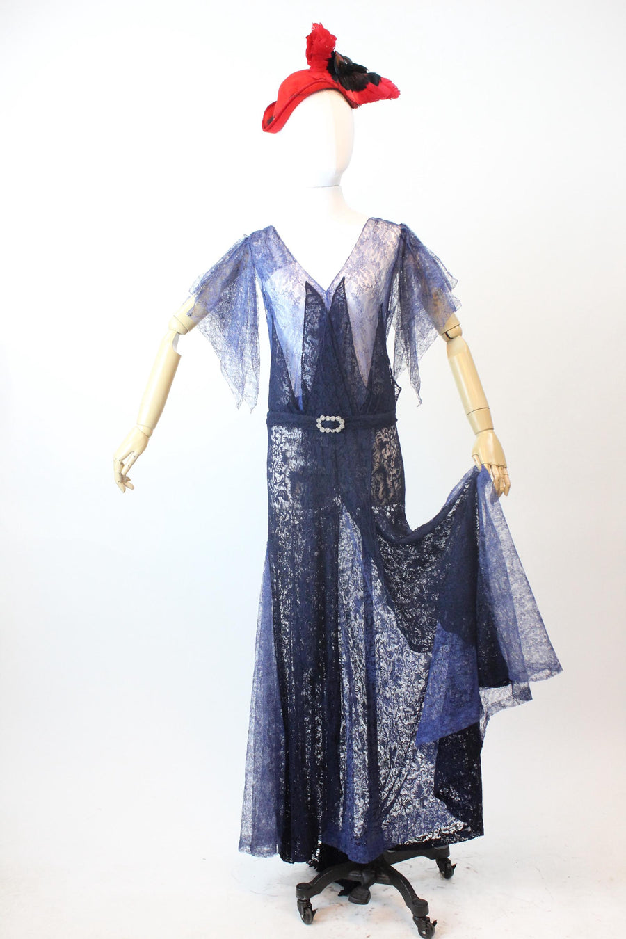 1930s TWO TONE blue lace GOWN flutter sleeves dress small medium | new fall winter