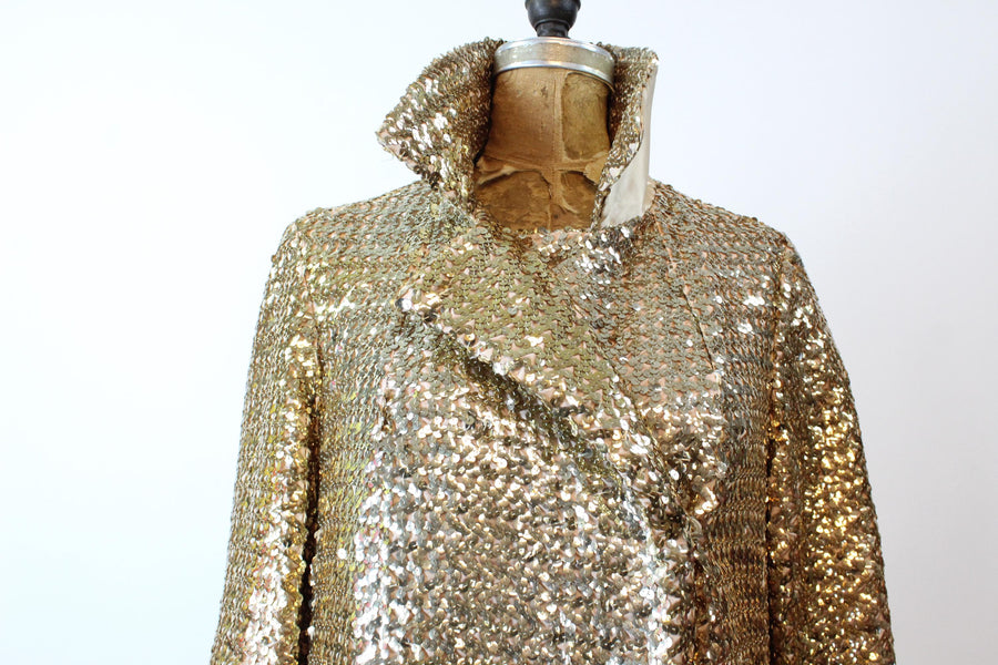 1960s GOLD SEQUIN dress trench COAT small | new fall winter