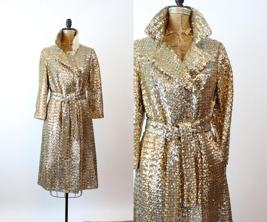 1960s GOLD SEQUIN dress trench COAT small | new fall winter